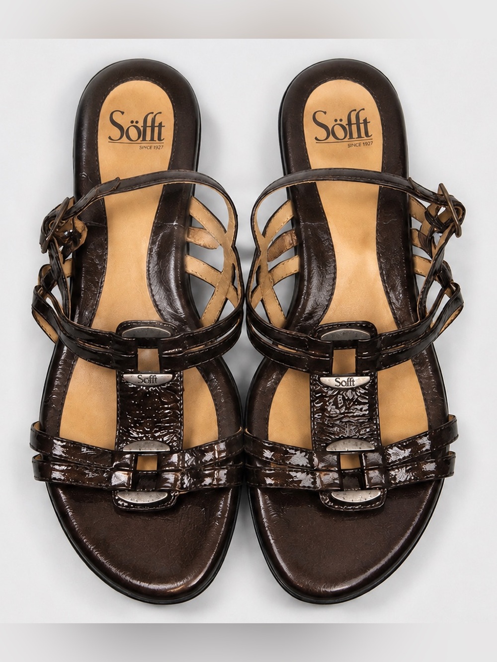 Sofft Bronze Brown Leather Strappy Wedge Sandals Womens 7W Adjustable Ankle EUC